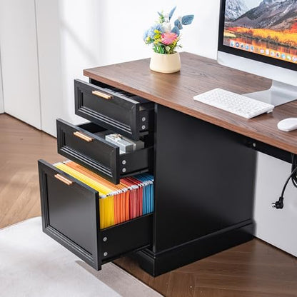 60" Professional Office Desk with 40" Mobile File Cabinet,Business Desk with Charging Station,L Shaped Executive Desk Set for Office Work,Home Study - color: Walnut & Black