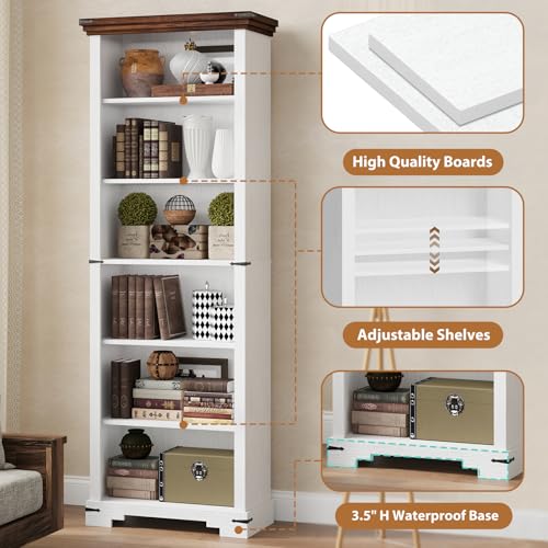 6-Tier Farmhouse Bookshelf, 73 inch Tall Book Shelf with Unique Design & 2 Adjustable Shelves, Wooden Bookshelf for Study Room, Living Room, Kitchen, Bedroom (White) - color: White, size: 6-tier