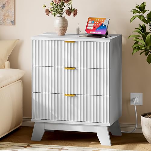 BORNOON 30.5" Nightstand with Charging Station, 3-Drawer Fluted Bedroom Chest, Wood Bedside Dresser with Power Outlets and USB Ports, Metal Slides, Stable Base, Modern Storage Cabinet for Small Spaces - color: Pure White, size: 3-Drawer with Strip