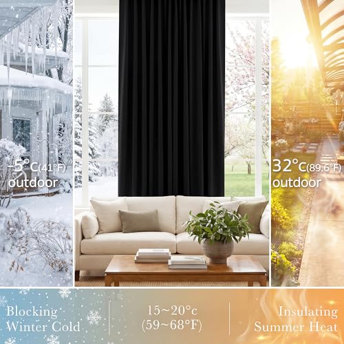 PONY DANCE Blackout Window Curtains - Insulating Against Drafts Drapes Noise Reducing Thermal Insulated Back Tab/Rod Pocket Draperies, 52 x 45-inch Long, Black, Double Panels - color: Black, size: 52"W x 45"L (Pack of 2)