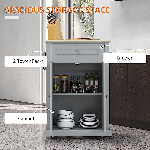 HOMCOM Rolling Kitchen Island Cart, Drawer & Adjustable Shelf, Grey | Portable Serving Trolley Table, 2 Towel Racks - color: Grey