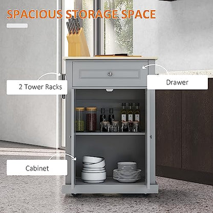 HOMCOM Rolling Kitchen Island Cart, Drawer & Adjustable Shelf, Grey | Portable Serving Trolley Table, 2 Towel Racks - color: Grey