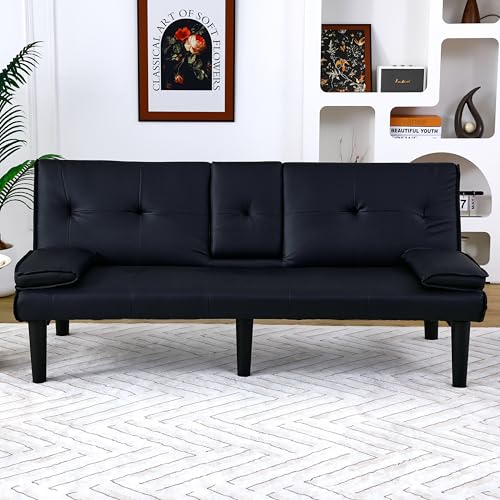 67" Futon Sofa Bed, Convertible Leather Futon Couch (Black) | Sleeper Bed Couches with Adjustable Backrest, Cup Holders, Comfy Folding Loveseat Couch for Small Spaces Living Room Office - color: Black