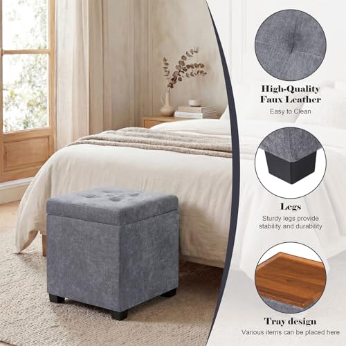 15 inch Square Storage Ottoman with Tray Lid,Modern Tufted Fabric Cube Coffee Table with Storage,Upholstered Ottoman with Removable Top for Living Room, Bedroom - color: Gray With Tray