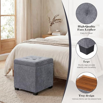 15 inch Square Storage Ottoman with Tray Lid,Modern Tufted Fabric Cube Coffee Table with Storage,Upholstered Ottoman with Removable Top for Living Room, Bedroom - color: Gray With Tray