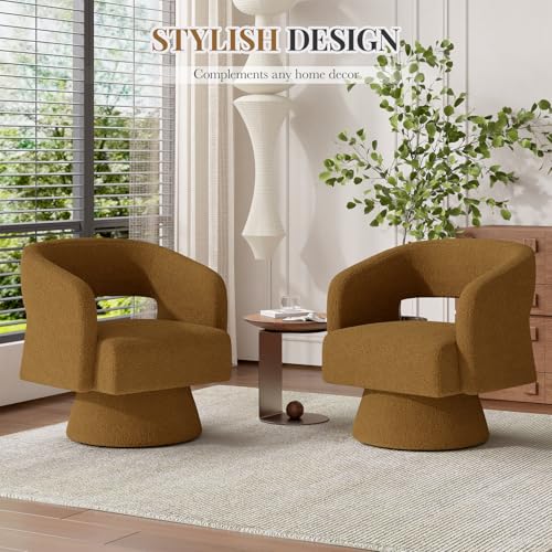 Luxanimarion Swivel Barrel Accent Chair,Oversized Teddy Upholstered Round Swivel Chair,Modern Luxury 360 Degree Living Room Vanity Chair for Bedroom Office,Brown,1PCS - color: Brown-teddy Fabric, size: Set of 1