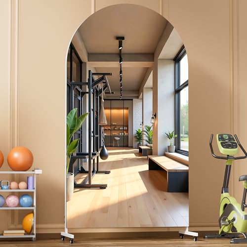 Hasipu 75" x 40" Arched Full Length Mirror on Wheels | HD tempered glass, sturdy aluminum frame, 4 smooth casters with locks, ideal for yoga, dance studio, bedroom & home gym. - size: 75"L x 40"W