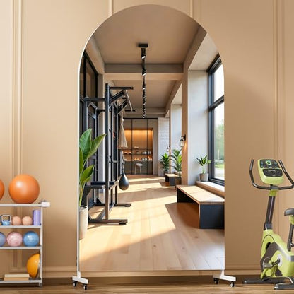 Hasipu 75" x 40" Arched Full Length Mirror on Wheels | HD tempered glass, sturdy aluminum frame, 4 smooth casters with locks, ideal for yoga, dance studio, bedroom & home gym. - size: 75"L x 40"W