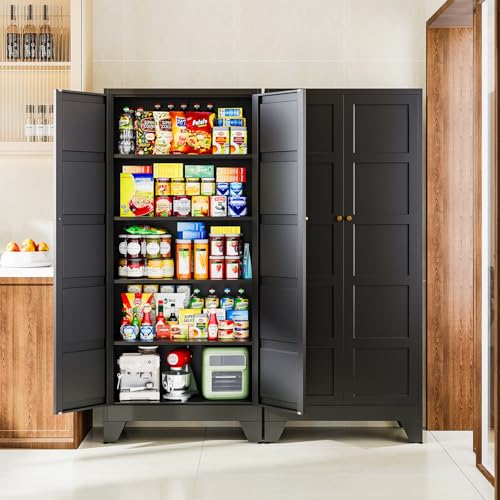 71" H Metal Storage Cabinet with 2 Doors and 4 Shelves,Tall Kitchen Pantry Cabinets,Utility Pantry Organizers for Cupboard/Dining/Bathroom/Home Office/Garage (Black, 71" H x 16" D x 32" W) - color: Black, size: 16"D x 32"W x71"H-C