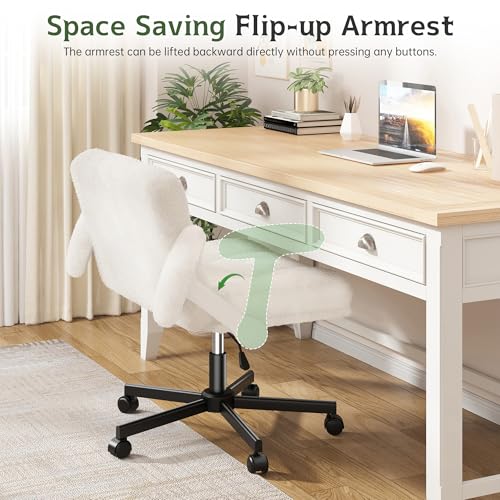 DurayLoly Criss Cross Office Chair with Flip-up Arm & Wheels | 360° Swivel,Plush Teddy Fabric Cross Legged Chair ,Adjustable Height for Home Office,Study, Gaming, Vanity,White - color: Beige