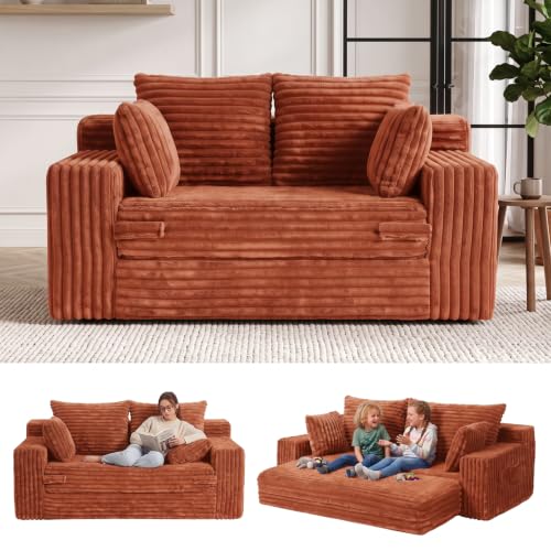 3-in-1 Convertible Sofa Bed: Boneless Loveseat Sleeper & Folding Couch Bed with 4 Pillows & Detachable Cushion, Furry Futon Couch for Bedroom, Apartment, Office and Living Room, No Assembly, Orange - color: Orange, size: Loveseat Sofa