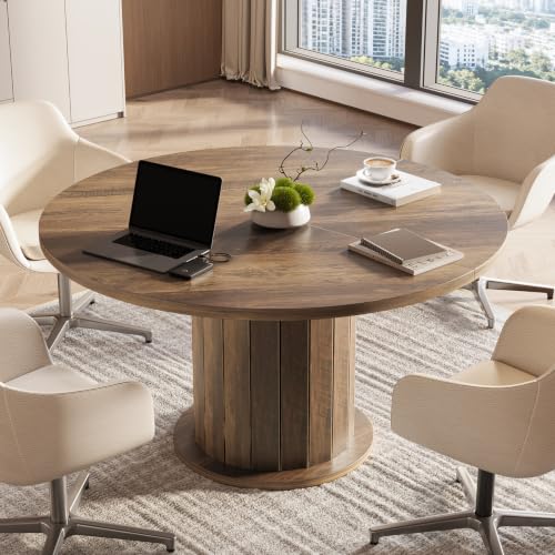 Tribesigns 47-Inch Round Conference Table with Sturdy Pedestal for 4-6 | Rustic Meeting Table with Thick Tabletop, Circular Office Table for Conference Room, Meeting Room, Home Office, Brown