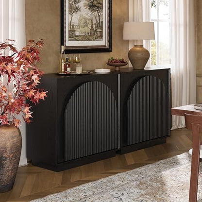 win2win 31.5" Small Buffet Cabinet with Storage, Arched Doors, Black, 1PCS | Modern Console Cabinet for Dining Living Room Kitchen Entryway, Modular Accent Cabinet, Credenza with Wood Grain, Fluted - color: Black