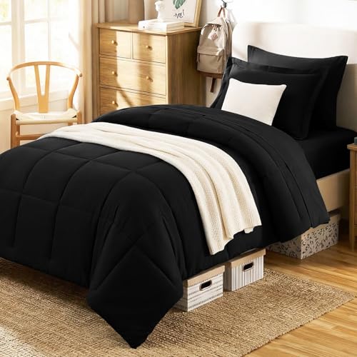 Twin XL Comforter Set, 5-Piece Bed in a Bag, Black | College Dorm Ready, OEKO-TEX Certified, Box-Stitched Design, 240 GSM Fill, All-Season Comfort, Sheets, Pillowcase & Sham - color: Black, size: Twin XL(68"x88")