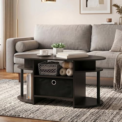 Oval Modern Coffee Table with Side Shelves and Storage Bin, Side Table with Shelf, Coffee Table, for Bedroom, Living Room, Home Office, Walnut - color: Walnut/Black