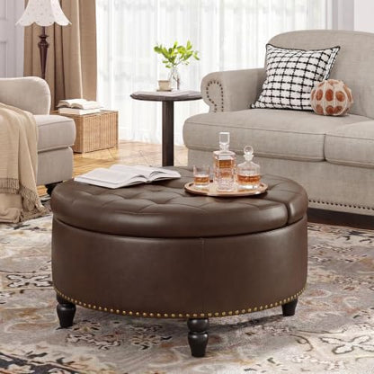FiveWillowise 30 Inch Large Round Ottoman with Storage Circular,Chocolate | Leather Coffee Table with Lift Top,Modern Upholstered Button Tufted Footrest Stool Solid Wood Legs for Living Room,Bedroom - color: Chocolate