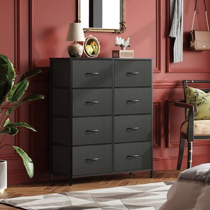 WLIVE Fabric Dresser for Bedroom, Tall Dresser with 8 Drawers, Storage Tower with Fabric Bins, Double Dressers, Chest of Drawers for Closet, Living Room, Hallway, Charcoal Black | Black tall 8-drawer fabric dresser with bins, sleek modern tower for bedroo