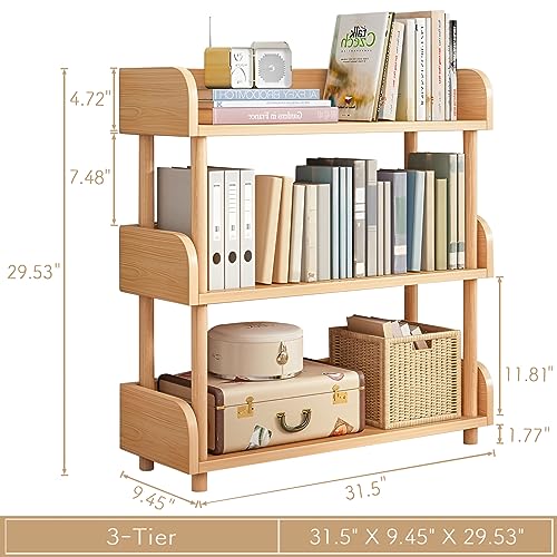 3-Tier Wooden Open Bookcase, Oak | Modern Display Bookshelf with Top Edge, Solid Wood Frame, Home and Office Storage - color: Oak, size: 3-tier