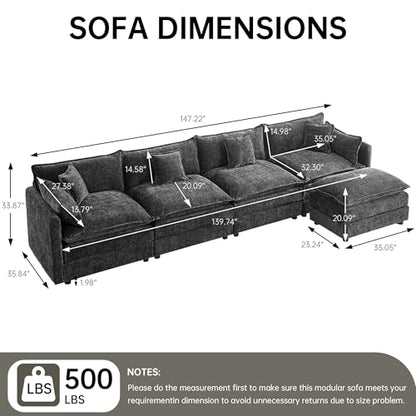 Modular Sectional Sofa, 147.2 Inch L Shaped Couch Set with Armrests, 4-Seater Comfy Cloud Couches with Movable Ottoman for Living Room Apartment, Grey - color: Grey, size: 147.2'' - L Shape