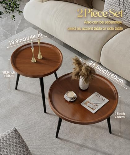 2-Piece Walnut Coffee Table,Durable Mid Century Small Round Coffee Tables for Living Room,Easy Assembly Modern Nesting Coffee Tables Set,Circle Side Tables for Sofa Bedside Balcony - color: Walnut