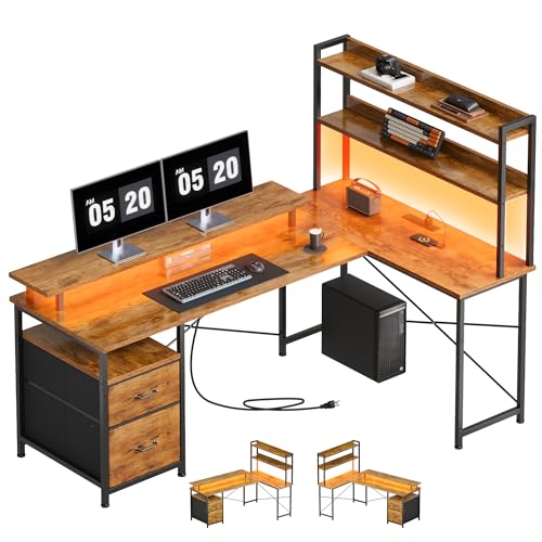 L Shaped Gaming Desk, Reversible with LED Lights, Shelves, Brown | Reversible, LED lights, Charging, Monitor stand - color: Rustic Brown2