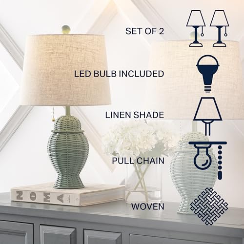 JONATHAN Y 20.5" Wicker Table Lamp, Green with Beige Shade, Set of 2 | Margie Bohemian Rustic Farmhouse Coastal Urn Rattan Metal, Pull Chain Switch, Linen, LED Bulbs Included - color: Green