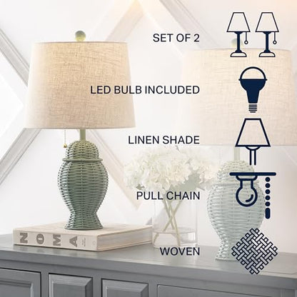 JONATHAN Y 20.5" Wicker Table Lamp, Green with Beige Shade, Set of 2 | Margie Bohemian Rustic Farmhouse Coastal Urn Rattan Metal, Pull Chain Switch, Linen, LED Bulbs Included - color: Green