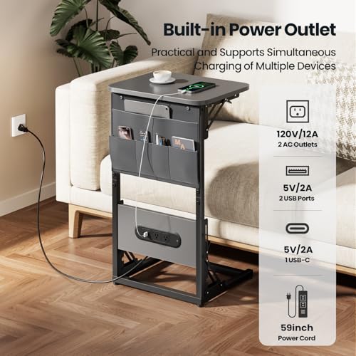 HLDIRECT C Shaped End Table with Charging Station & Storage Bag Gray | 2 USB & 2 Outlets, Storage Bag, FSC Wood, Foldable, 11.8"D x 15.7"W, for Small Spaces, Couch, Bedroom - color: Grey