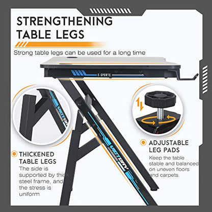 BestOffice | 47" Gaming Table | Blue | R-Shaped Computer Desk | with Steel Frame, Headphone Hook, Adjustable Feet | Carbon Fiber Texture| Easy to Clean | for Gaming, Home Office - color: Blue, size: 47 Inch R Shaped