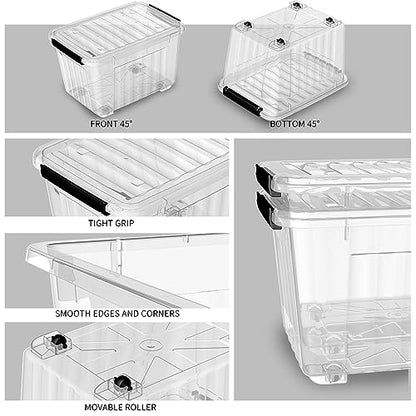 Cetomo 60Qt*4 Plastic Storage Bins, Storage Box, 4 Pack, Organizing Container with Wheels, Durable Lids and Secure Latching Buckles, Stackable and Nestable, Clear with Black Buckle - size: 55L*4