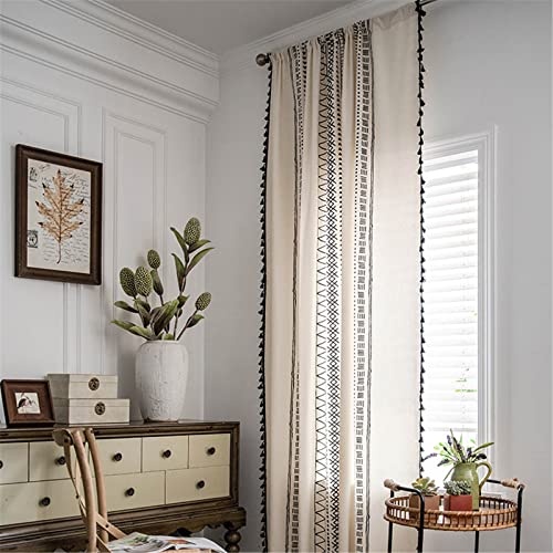 Deeprove Boho Curtains 96 Inches Long, White Cream Cotton and Linen Bohemian Print Black Tassel, Geometric Semi-Blackout Window Panel Farmhouse Drape for Living Room, Rod Pocket, 1 Panel, W59 x L96 - color: Cream & Black Boho, size: 59"W x 96"L (Pack of 1