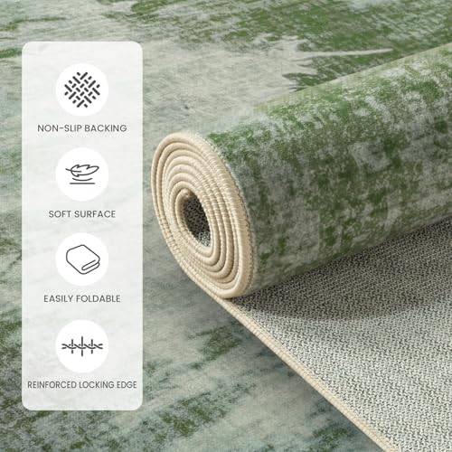 5'x7' Sage Green Faded Abstract Faux Wool Area Rug Living Room Soft | Modern Machine Wash Non-Slip Rug Throws, Kid-Friendly Low Profile Carpet for Bedroom, Kids Room, Farmhouse Under Bed, Green - color: Woodland‌, size: 5' x 7' (Rectangular)