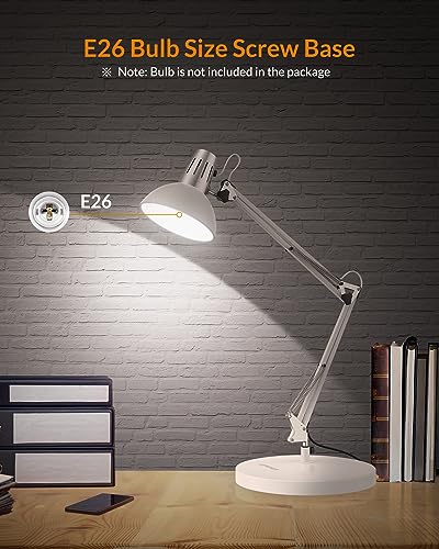 LEPOWER Metal Adjustable Desk Lamp with Clamp, Swing Arm for Home Office | Gooseneck, Architect Style, Eye-Caring Table Lamp, On/Off Switch, E26 Base, Reading for Dorm, Bedroom, Study, Back to School - color: White