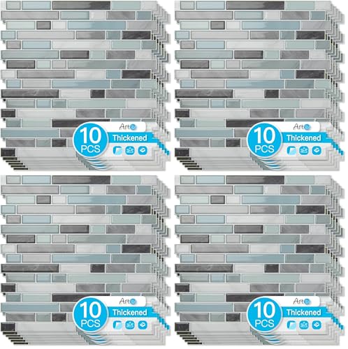 Art3d 10-Sheet Heavy-Duty Peel and Stick Backsplash, Waterproof Wall Tiles Stick on Kitchen Backsplash Living Space, Gray & Blue (Pack of 4) - color: Gray & Blue, size: 12 x 12 Inch (Pack of 4)