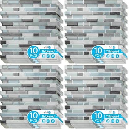 Art3d 10-Sheet Heavy-Duty Peel and Stick Backsplash, Waterproof Wall Tiles Stick on Kitchen Backsplash Living Space, Gray & Blue (Pack of 4) - color: Gray & Blue, size: 12 x 12 Inch (Pack of 4)