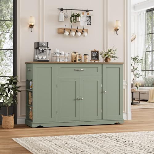 HOSTACK 47" W Kitchen Island Cart with Storage, Rolling Island Table, Green | Mobile Kitchen Storage Islands on Wheels with 2 Drawers, Adjustable Shelves, Movable Buffet Cabinet for Dining room - style: Green + Rustic Brown