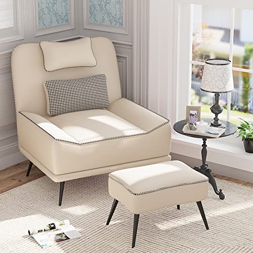 Faux Leather Accent Chair with Ottoman, Modern Upholstered Large Sofa Chair for Living Room Bedroom Lounge Chair Armless Accent Chair and Ottoman Set Beige - color: Beige