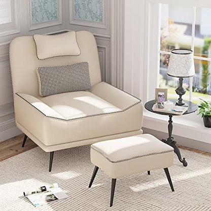 Faux Leather Accent Chair with Ottoman, Modern Upholstered Large Sofa Chair for Living Room Bedroom Lounge Chair Armless Accent Chair and Ottoman Set Beige - color: Beige