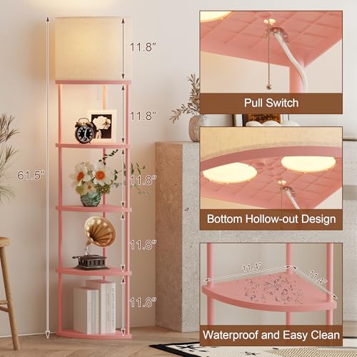 Qupui Floor Lamp with Shelves, 61.5" 5-Tier, 3-Color LED, Pink | Fabric Shade With Soft Cozy Light. 3 Color Temperatures 12W LED. 5 Tiers, 22 Lbs Each. Durable Composite Panels, Metal Frame - color: 5-Tier Pink