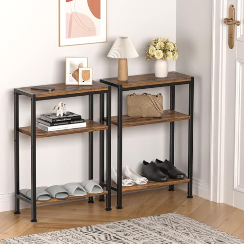 Narrow Side Table set of 2 for Small Space, 3 Tier Slim End Table, Thin Nightstand, Skinny Snack Couch Table, Sofa bedside Table in Living Room, Bedroom, Study, kitchen and Balcony (Rustic Brown) - color: Rustic Brown, size: 3-Tier (7.9''D*17''W*26.6''H)
