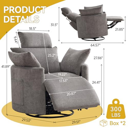 Manual Recliner Chair，Swivel Glider Rocking Chair Nursery, Light Grey | Barrel Nursery Glider Recliner with 2 Side Pockets, Adjustable Headrest, 30° Silent Rocking, 2 Pillows for Living Room - color: Light Grey, size: Manual