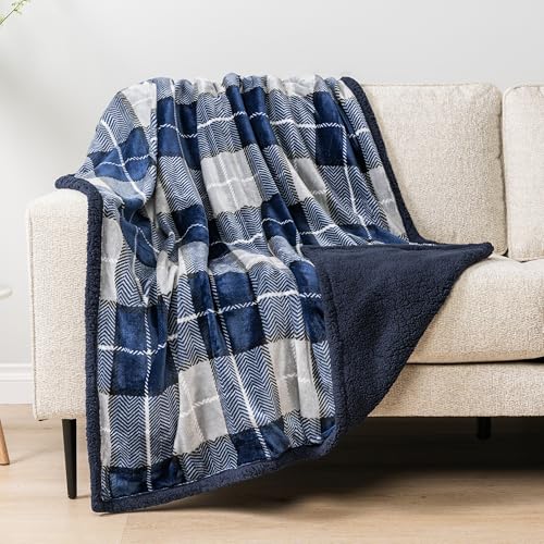 PAVILIA Plaid Sherpa Throw Blanket for Couch Sofa Bed, Navy Blue, 50x60 | GSM 460; Soft Plush Flannel Fleece; Warm&Cozy for Home; Machine Washable, Perfect Cabin Decor Winter Holiday Christmas Gift - color: Plaid Navy, size: 50 x 60 Inches