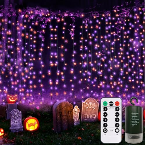 Halloween Curtain Lights Battery Operated Fairy Curtain Lights 9.8×9.8 Ft | Purple Orange Battery Curtain Lights 300 LED with Remote Timer Dimmable 8 Modes for Party Yard Patio Decoration - color: Purple Orange