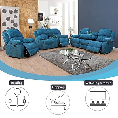 A Ainehome Living Room Furniture Set Recliner Sofa Set Loveseat Chair Furniture Sofa Set for Living Room/Small Space/Rv/House/Office/Theater Seating (A-Blue Microfiber, 3 Piece Set) - color: A-blue Microfiber, size: 3 piece set