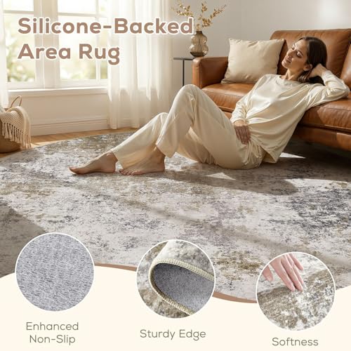Nakagishi 6X6 Abstract Washable Area Rugs for Living Room-Brown Grey | Modern Non-Slip Silicone Backing Low Pile Soft Carpet for Bedroom Dining Decor Ideal for Families with Kids and Pets - color: Dark Brown, size: 6' x 6' (Round)
