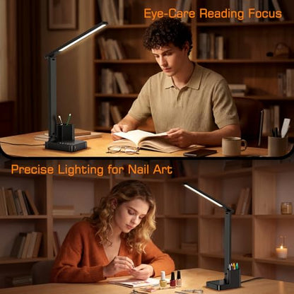 LED Desk Lamp USB A/C AC Pen Holder Dorm Home Office Desk Light Black | Adjustable LED Desk Light with USB A/C, AC Outlet, Pen Holder; Small Desk Lamp for Dorm, Study, Craft & Home Office - color: Black