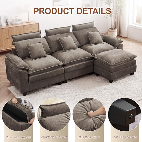 103'' Modular L Shaped Sofa, Cloud Deep Seat Sofa Couch with Ottoman, Detachable Headrest, 3 Seater Sectional Sofas for Living Room, Apartment, Studio, Brown - color: Brown, size: L Shaped Couch
