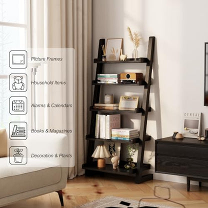 AQIMUELE Black Wooden Ladder Shelf with Edges, 5-Tier Modern Leaning Bookshelf Ladder – Stylish Space-Saving Bookcase for Living Room, Bedroom & Home Office - color: Black