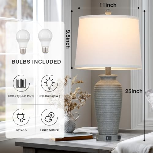CINSARY 25" Grey Farmhouse Jar Table Lamps, 3 Way Touch Control Rustic Bedside Lamps with USB A+C Ports & AC Outlet, Pot Nightstand Lamps for Bedroom End Table (LED Bulbs Included) - color: Grey-1Pack