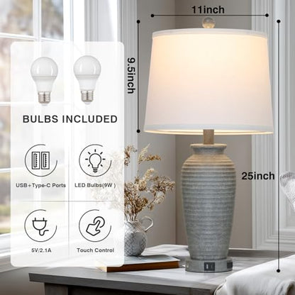 CINSARY 25" Grey Farmhouse Jar Table Lamps, 3 Way Touch Control Rustic Bedside Lamps with USB A+C Ports & AC Outlet, Pot Nightstand Lamps for Bedroom End Table (LED Bulbs Included) - color: Grey-1Pack